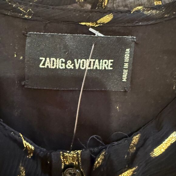 Zadig & Voltaire Black/Gold Crepe Rool Shiny Ruffled Dress Sz S Designer Luxury - Picture 4 of 13
